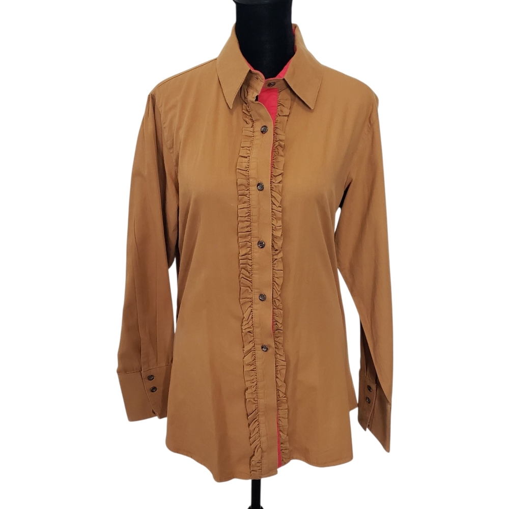 King Ranch Womens Western Button Up Top Ruffle Cowgirl‎ Rodeo Size XL Camel